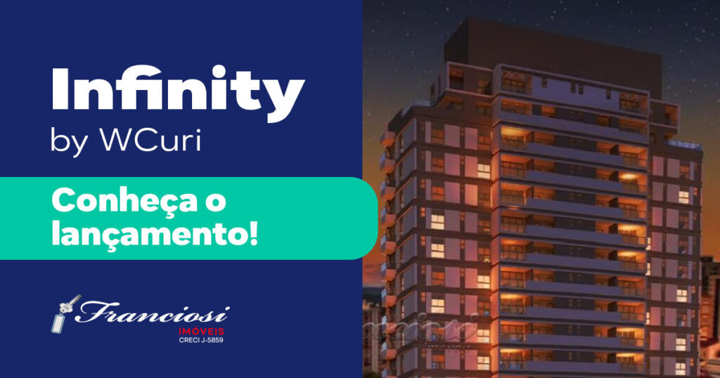 Fachada do empreendimento Infinity. A esquerda está escrito "Infinity by WCuri: Conheça o lançamento"