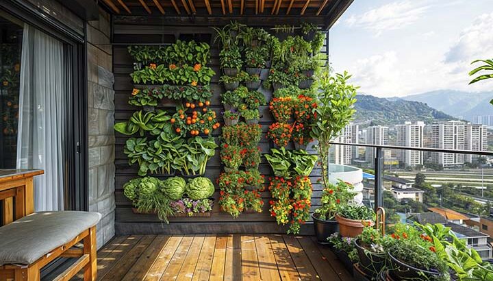 fotografia de um jardim vertifcal em uma sacada, com diversas plantas em vasos na parede