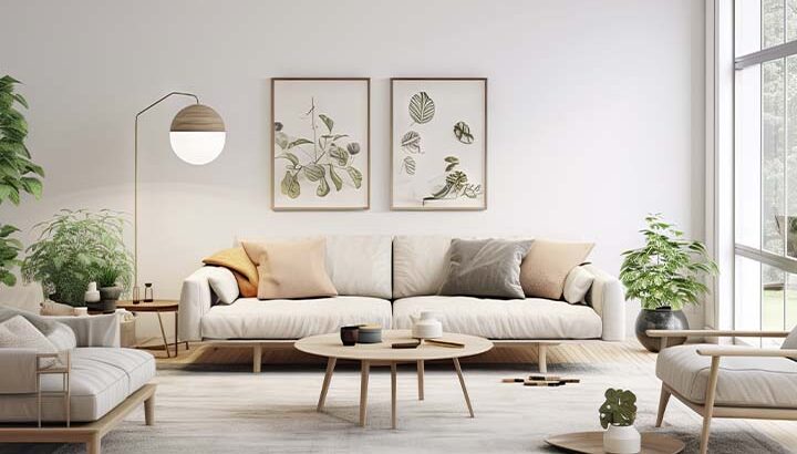fotografia interna de uma sala com parde branca, sofá, mesa de centro e poltronas também brancas